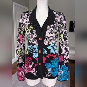 KOOI Knitwear Women’s Cardigan Floral Button Front 100% Cotton Colorful Size L